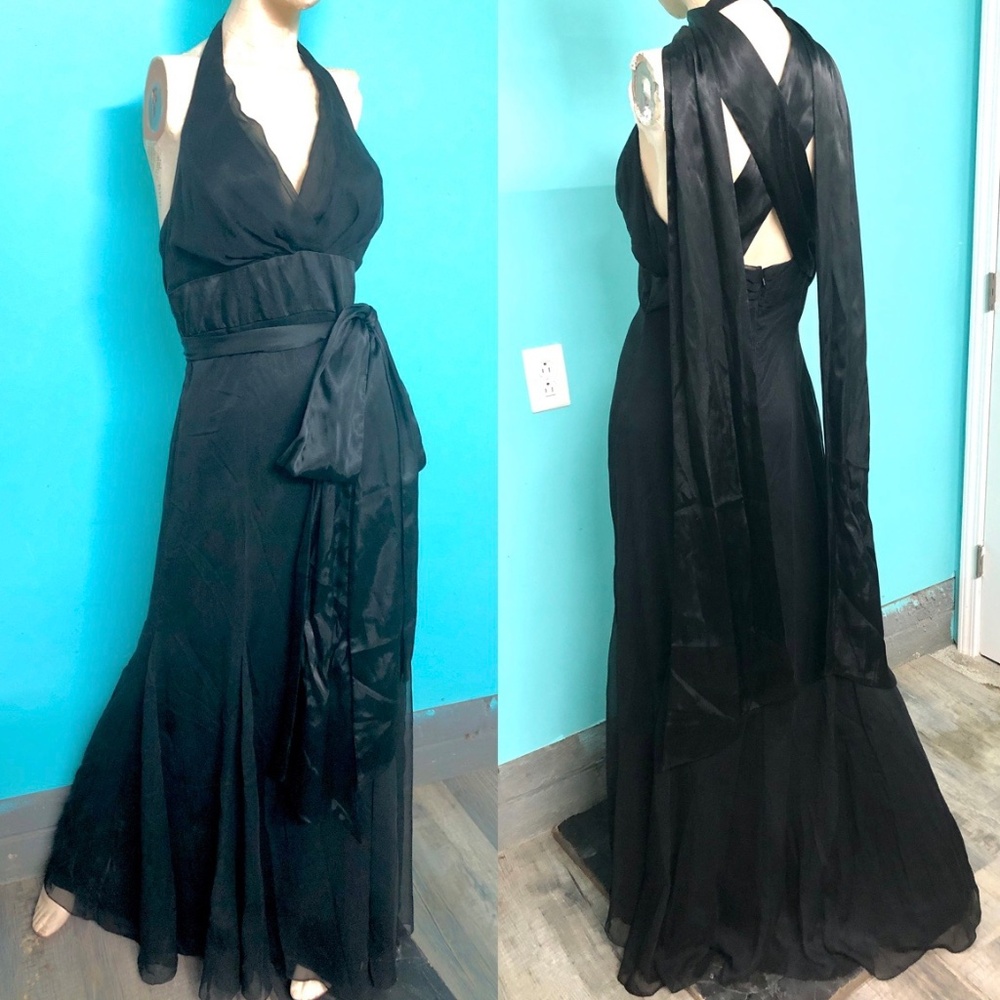 VTG Y2K~Watters & Watters~Black Halter Chiffon Satin Mermaid Evening Formal~8